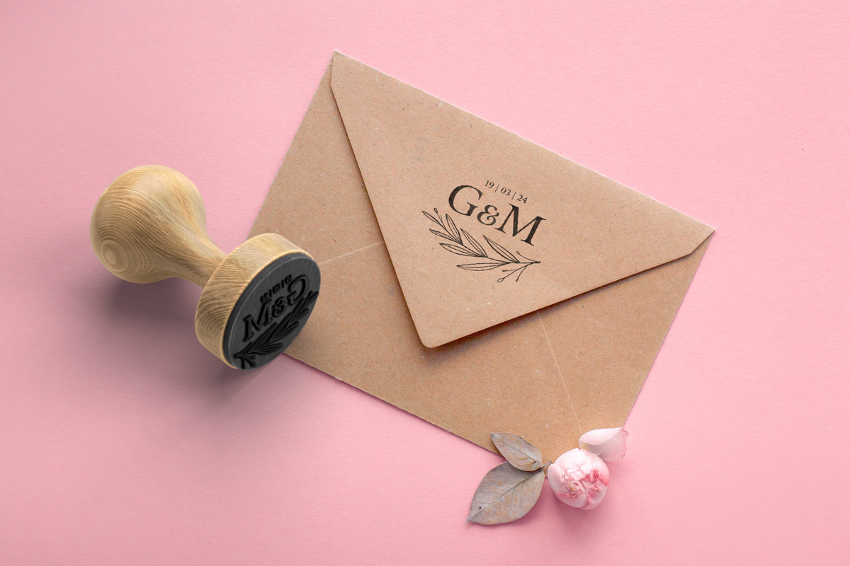 Kraftpapier Umschlag mit rundem Holzstempel auf rosa Hintergrund