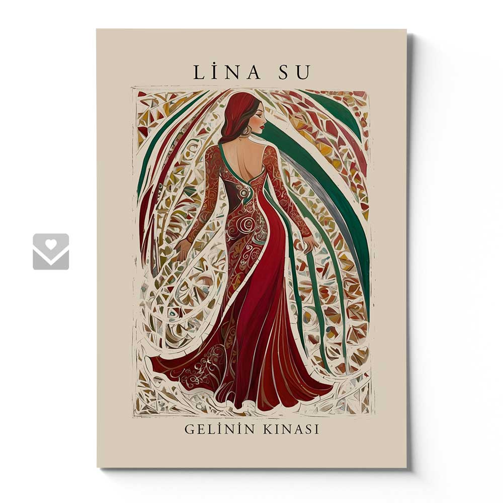 Stilvolle Braut in einem roten und grünen Bindallı, geziert mit kunstvollen Mustern, steht vor einem ornamentalen Hintergrund.