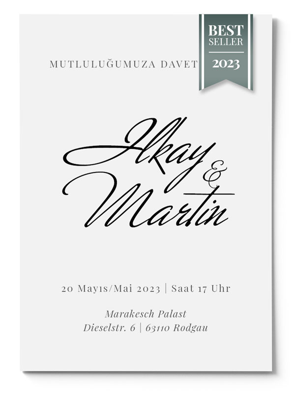 Elegante Hochzeitseinladung in Grau mit stilvoller Kalligrafie, eingebettet in ein klares, modernes Design.