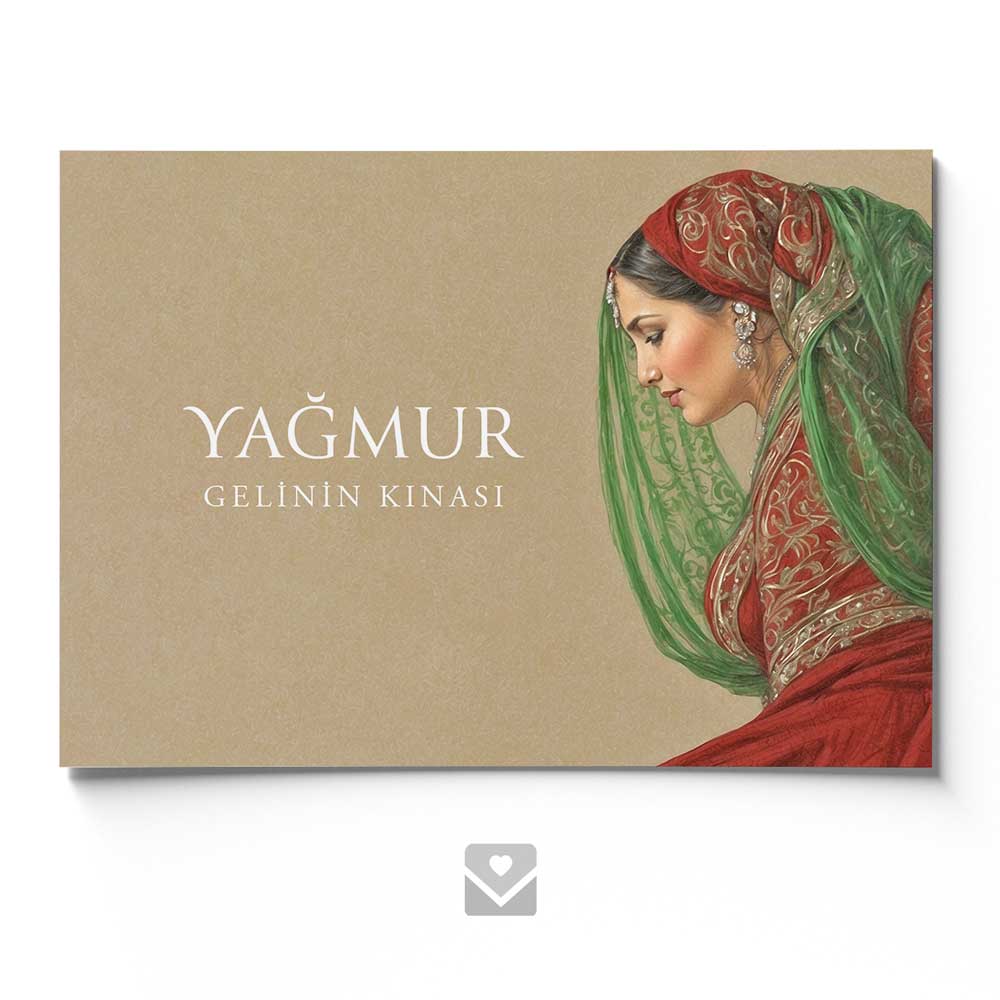 Eine Braut in einem roten Bindallı mit grünem Schleier, der kunstvoll um ihren Kopf drapiert ist.