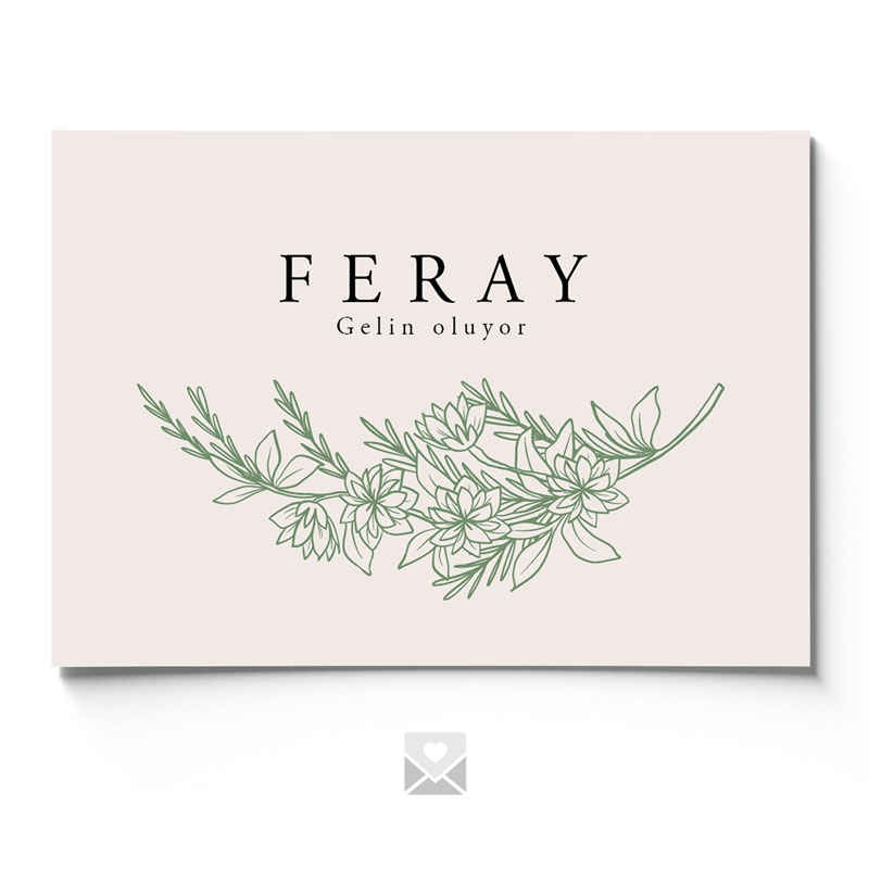 Henna-Abend Einladungskarte 'FERAY' in Pastelltönen mit zarter Zweig- und Blütenillustration im Aquarellstil.