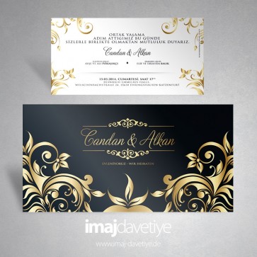 Schwarze Einladungskarte mit goldenen Ornamenten für Hochzeit/Verlobung 122