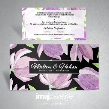Einladungskarte mit rosa Tulpen auf schwarz 028