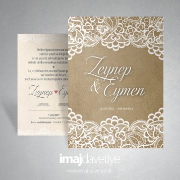 Naturel kuşe kağıt üzeri beyaz dantelli düğün/nişan davetiyesi 021
