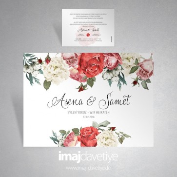 Karışık güllerle süslü beyaz düğün veya nişan davetiye kartı 035