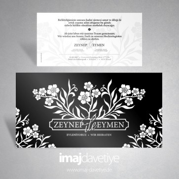 Beyaz çiçek desenli siyah davetiye kartı 024S