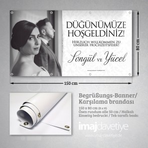 Düğün için siyah-beyaz fotoğraflı açık tonda PVC Karşılama Brandası 02